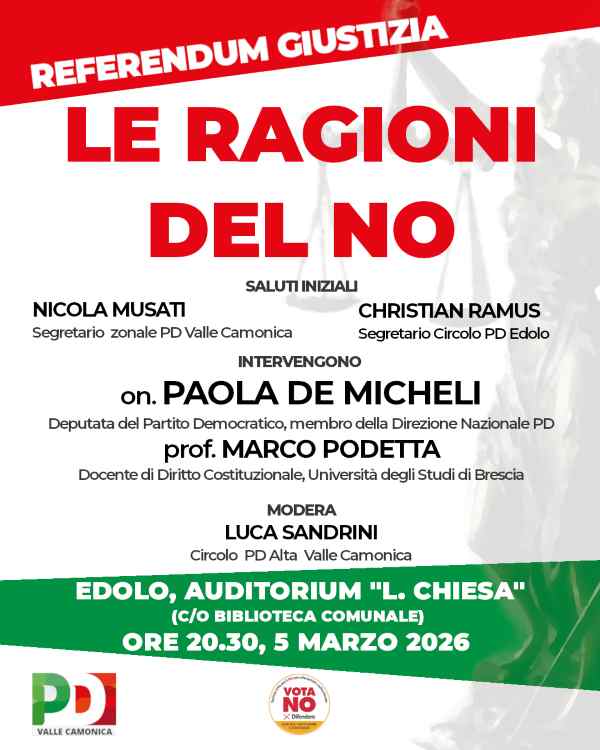 ATTUALITÀ - Referendum, incontro pubblico promosso dal PD a Edolo